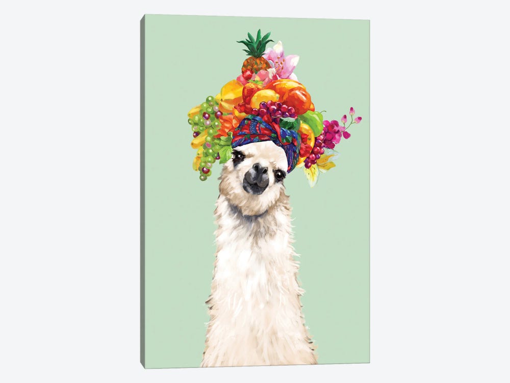 Llama With Fruits Flower Crown In Green by Big Nose Work 1-piece Canvas Art