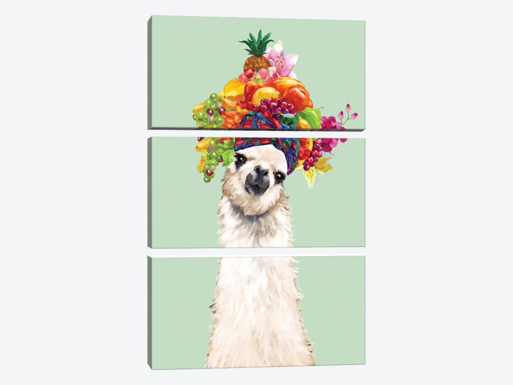Llama With Fruits Flower Crown In Green by Big Nose Work 3-piece Canvas Art