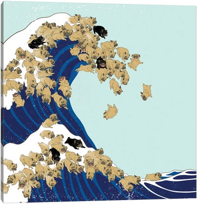 Pug The Great Wave In Blue Canvas Art Print - Wave Art