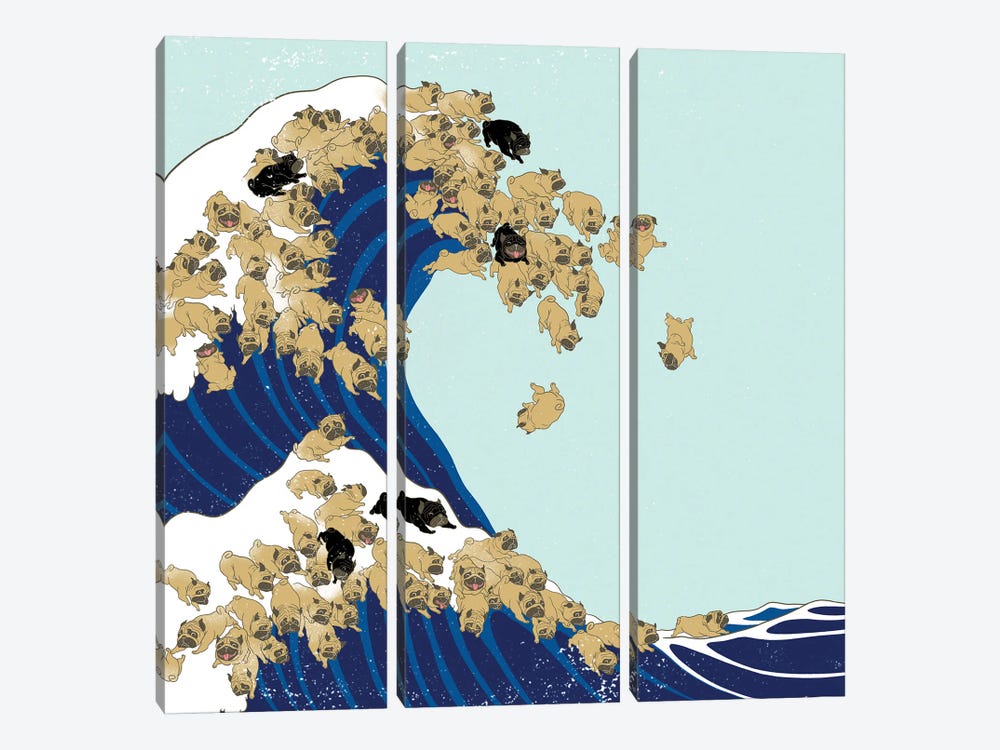 Pug The Great Wave In Blue by Big Nose Work 3-piece Canvas Art Print