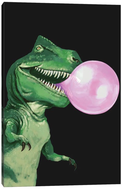 Bubble Gum T-Rex In Dark Grey Canvas Art Print - Kids Dinosaur Art