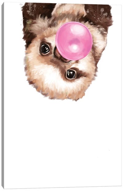 Baby Sloth Blowing Bubble Gum Canvas Art Print - Sloth Art