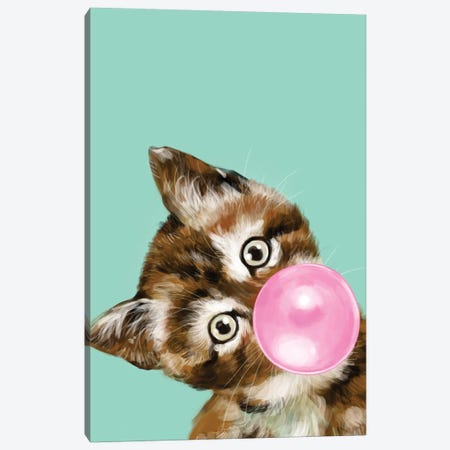 Baby Cat Blowing Bubble Gum In Green Canvas Print #BNW24} by Big Nose Work Canvas Wall Art