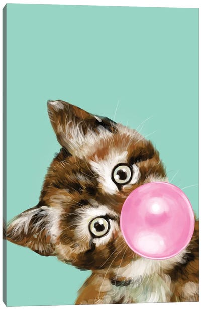 Baby Cat Blowing Bubble Gum In Green Canvas Art Print - Sweets & Dessert Art