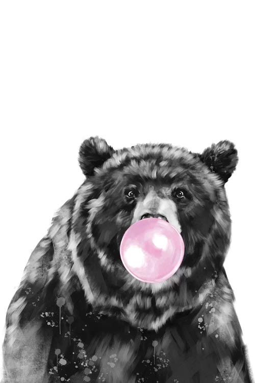 Big Bear Blowing Bubble Gum In Black And White