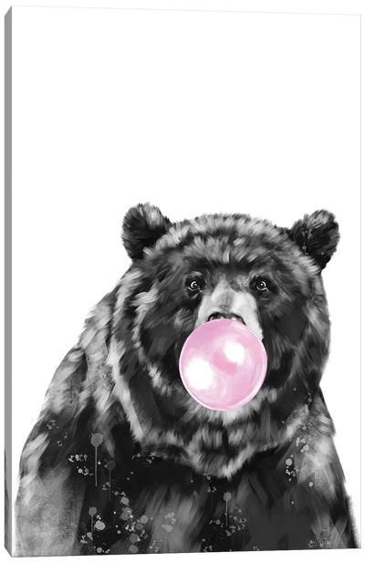 Big Bear Blowing Bubble Gum In Black And White Canvas Art Print - Bubble Gum