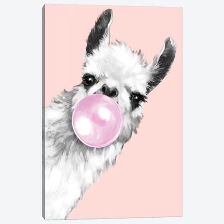 Sneaky Llama Blowing Bubble Gum In Pink Canvas Print #BNW26} by Big Nose Work Canvas Artwork
