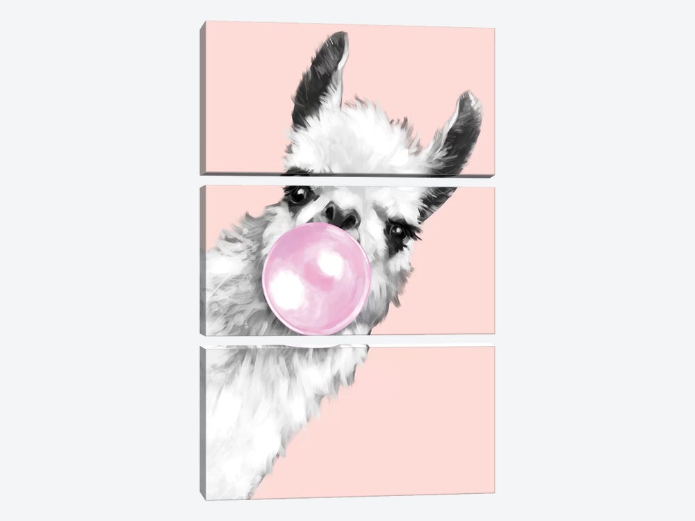 Sneaky Llama Blowing Bubble Gum In Pink by Big Nose Work 3-piece Art Print