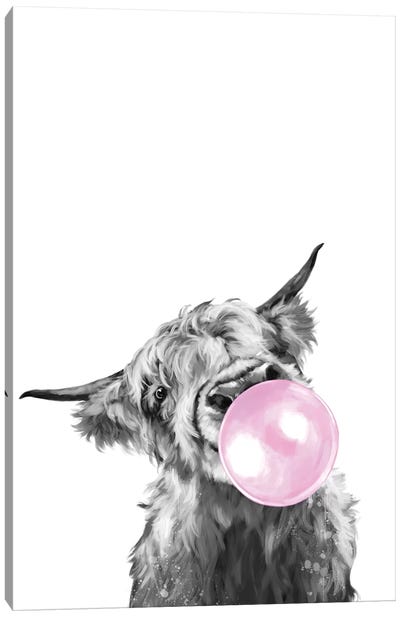 Highland Cow Blowing Bubble Gum In Black And White Canvas Art Print - Humor Art