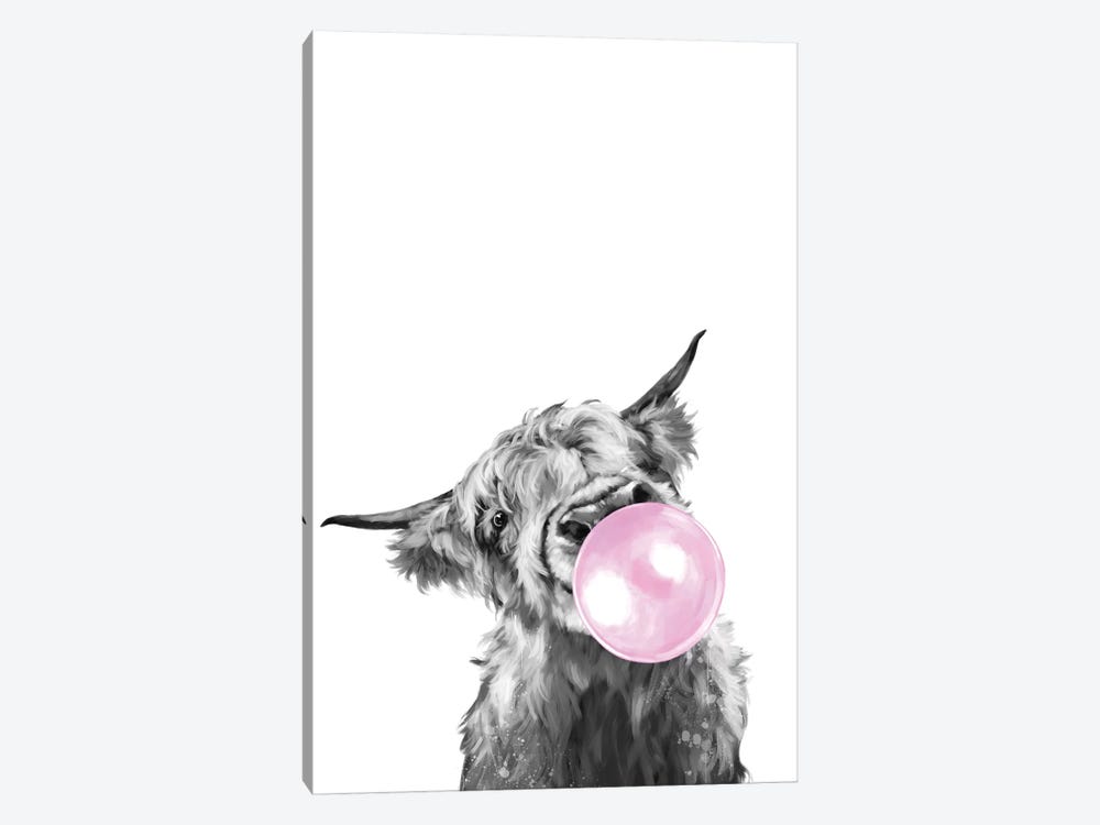 Highland Cow Blowing Bubble Gum In Black And White by Big Nose Work 1-piece Canvas Artwork