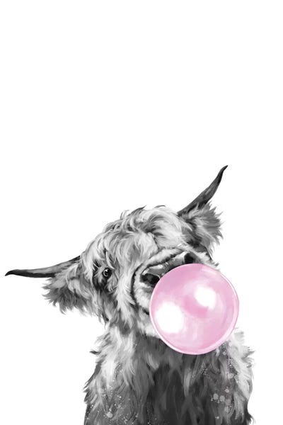 Candies: Highland Cow Blowing Bubble Gum In Black And White by Big Nose Work