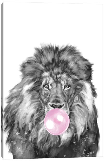 Lion Blowing Bubble Gum Black and White Canvas Art Print - Bubble Gum