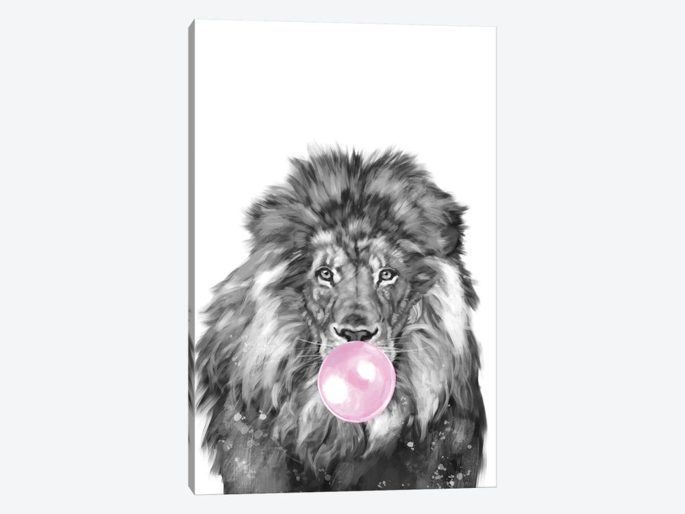 Lion Blowing Bubble Gum Black and White by Big Nose Work 1-piece Art Print