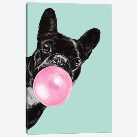 Sneaky Bulldog Blowing Bubble Gum in green Canvas Print #BNW29} by Big Nose Work Canvas Print
