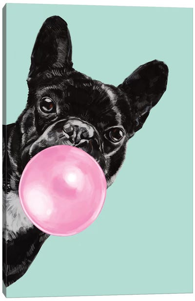 Sneaky Bulldog Blowing Bubble Gum in green Canvas Art Print - Sweets & Dessert Art