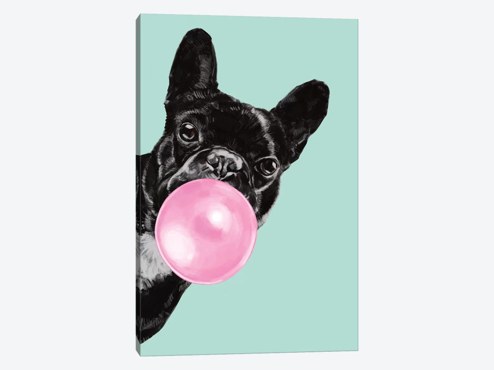 Sneaky Bulldog Blowing Bubble Gum in green by Big Nose Work 1-piece Canvas Wall Art
