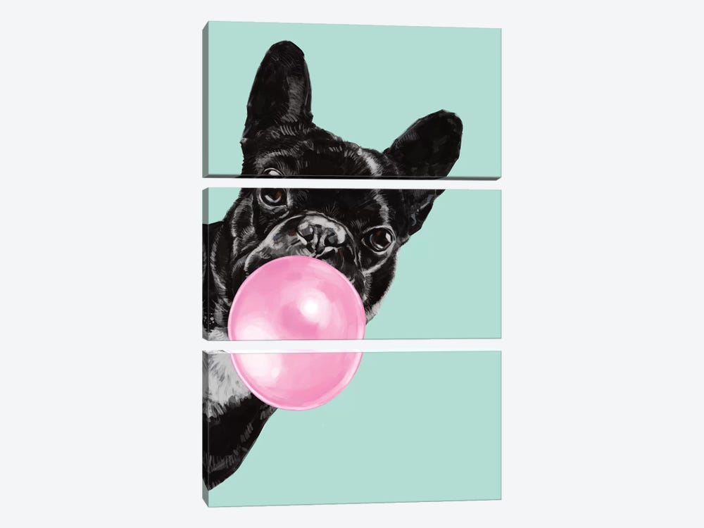 Sneaky Bulldog Blowing Bubble Gum in green by Big Nose Work 3-piece Canvas Art