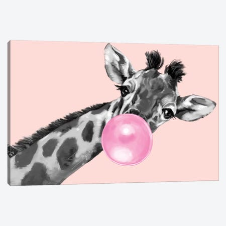 Sneaky Giraffe Blowing Bubble Gum In Pink Canvas Print #BNW30} by Big Nose Work Canvas Wall Art