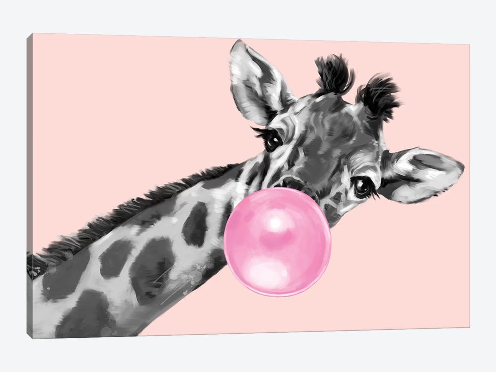 Sneaky Giraffe Blowing Bubble Gum In Pink by Big Nose Work 1-piece Canvas Art