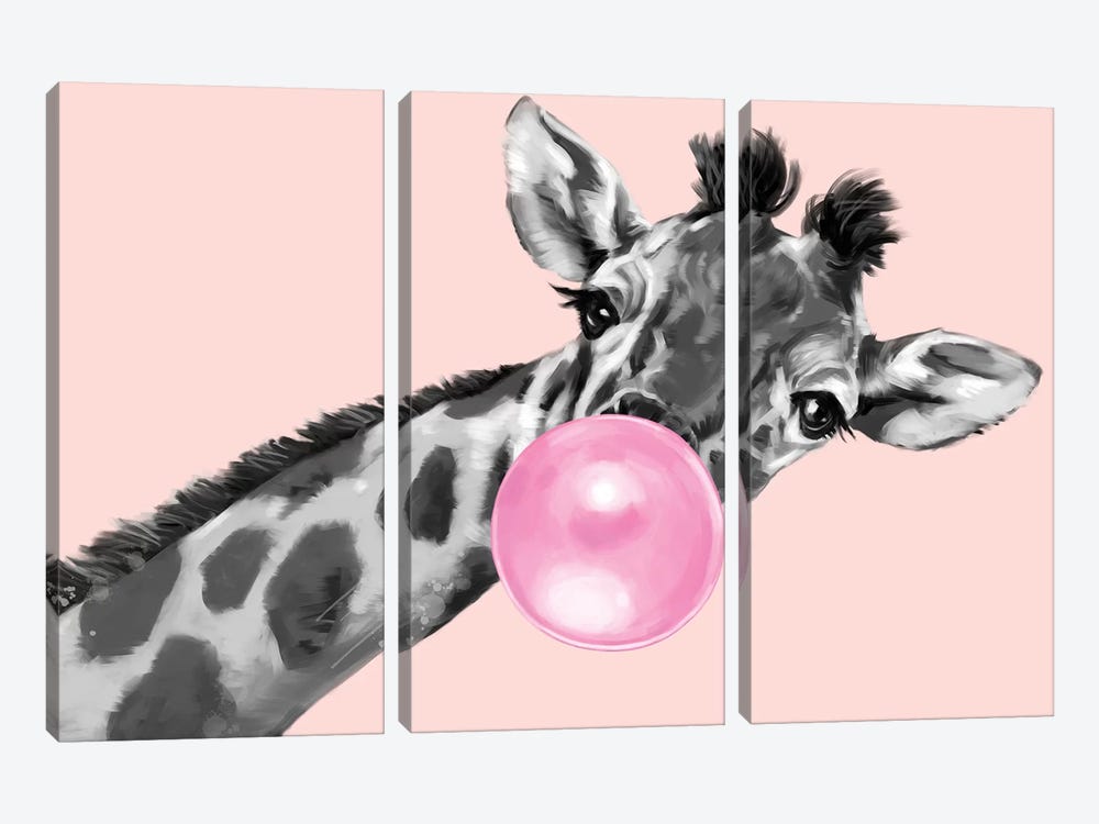 Sneaky Giraffe Blowing Bubble Gum In Pink by Big Nose Work 3-piece Canvas Wall Art