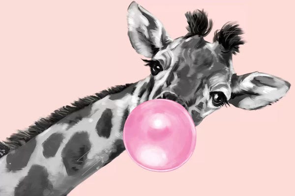 Kids Animal Art: Sneaky Giraffe Blowing Bubble Gum In Pink by Big Nose Work