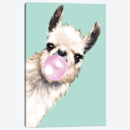 Sneaky Llama Blowing Bubble Gum In Green Canvas Print #BNW31} by Big Nose Work Canvas Art