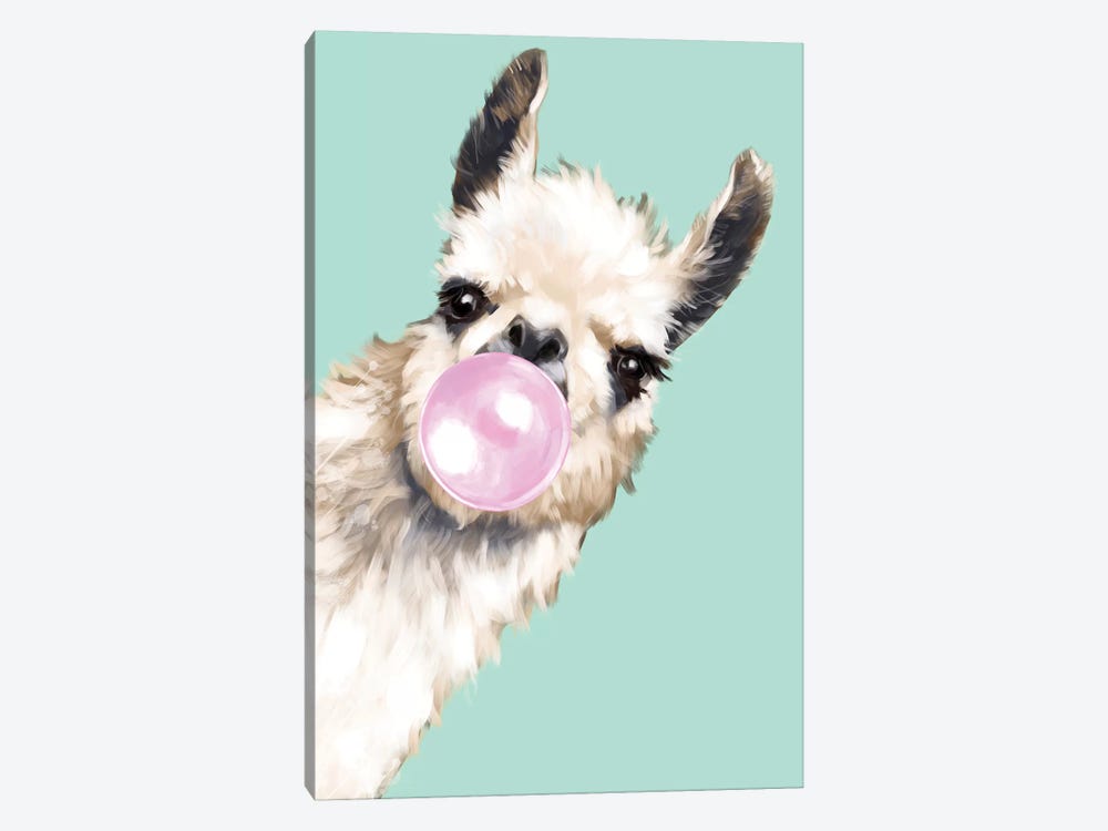 Sneaky Llama Blowing Bubble Gum In Green by Big Nose Work 1-piece Canvas Print