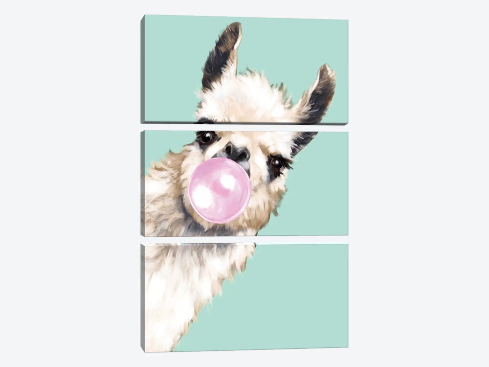 Sneaky Llama Blowing Bubble Gum In Green by Big Nose Work 3-piece Canvas Print