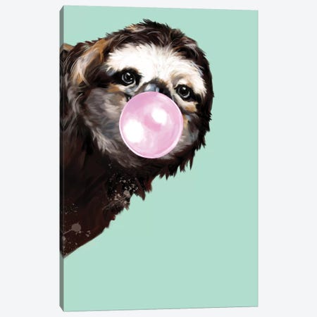 Sneaky Sloth Blowing Bubble Gum In Green Canvas Print #BNW32} by Big Nose Work Canvas Wall Art