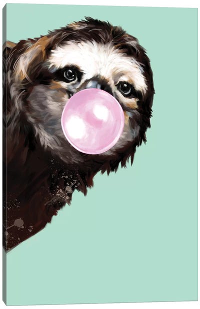 Sneaky Sloth Blowing Bubble Gum In Green Canvas Art Print - Sloth Art
