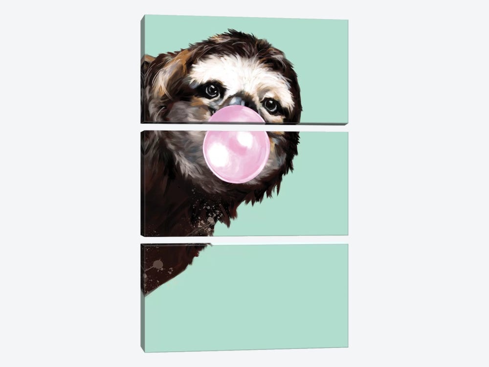Sneaky Sloth Blowing Bubble Gum In Green by Big Nose Work 3-piece Canvas Wall Art