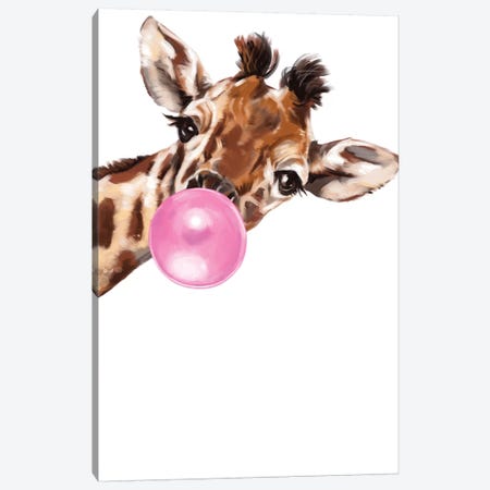 Sneaky Giraffe Blowing Bubble Gum Canvas Print #BNW33} by Big Nose Work Canvas Wall Art