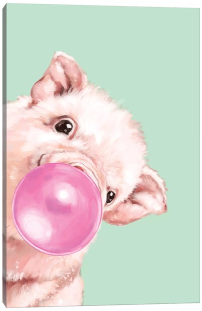 Sneaky Baby Pig Blowing Bubble Gum in Green Canvas Art Print - Playroom Art