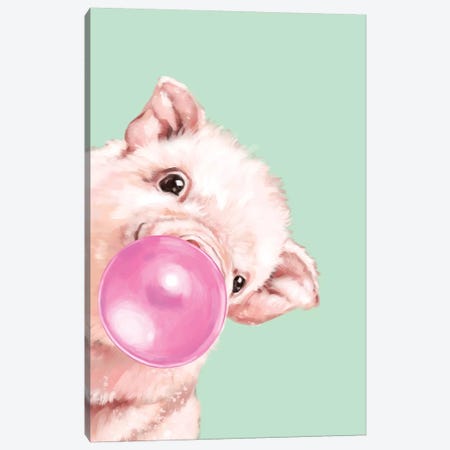 Sneaky Baby Pig Blowing Bubble Gum in Green Canvas Print #BNW34} by Big Nose Work Art Print