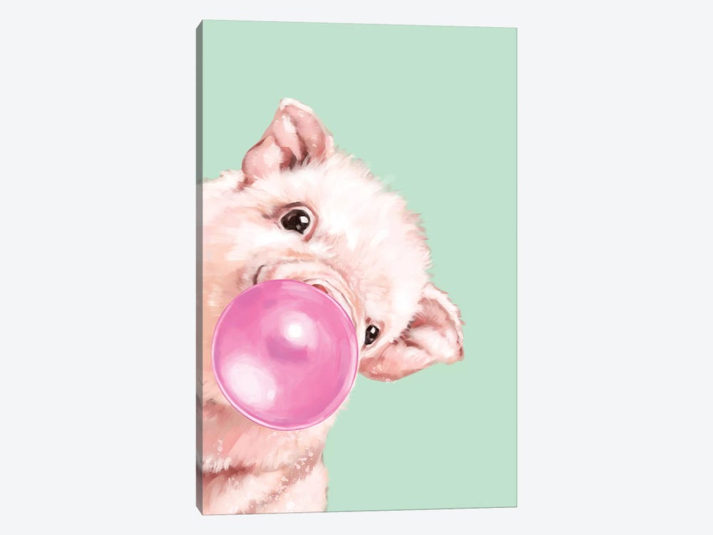 Sneaky Baby Pig Blowing Bubble Gum in Green by Big Nose Work 1-piece Canvas Artwork