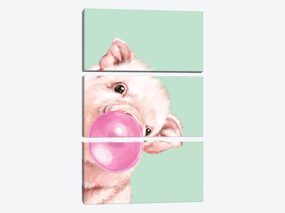 Sneaky Baby Pig Blowing Bubble Gum in Green by Big Nose Work 3-piece Canvas Artwork