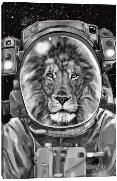 Astronaut Lion Selfie Canvas Art Print - Gray Art