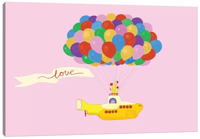 Happy Fly with Yellow Submarine Canvas Art Print - Kids Transportation Art