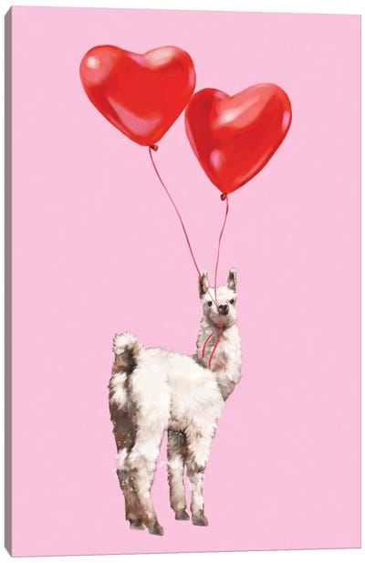 Llama And The Love Balloons Canvas Art Print - Llama & Alpaca Art