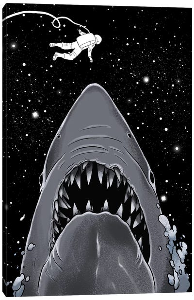 Astronaut Meets Jaws Canvas Art Print - Shark Art