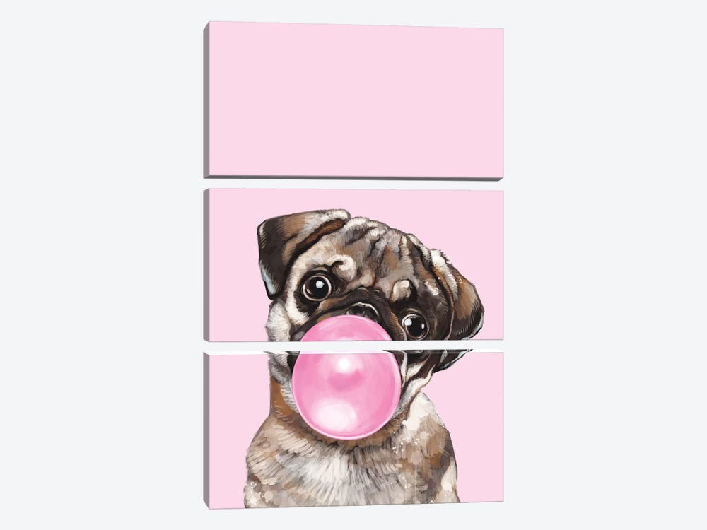 Pug Blowing Bubble Gum In Pink by Big Nose Work 3-piece Canvas Artwork
