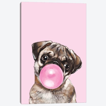 Pug Blowing Bubble Gum In Pink Canvas Print #BNW67} by Big Nose Work Canvas Wall Art