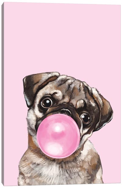 Pug Blowing Bubble Gum In Pink Canvas Art Print - Sweets & Dessert Art