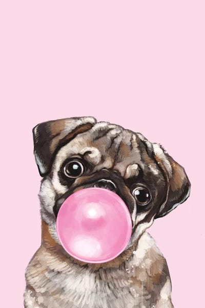 Kids Art Girls: Pug Blowing Bubble Gum In Pink by Big Nose Work