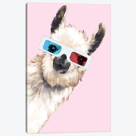 Sneaky Llama with 3D Glasses In Pink Canvas Print #BNW80} by Big Nose Work Canvas Print