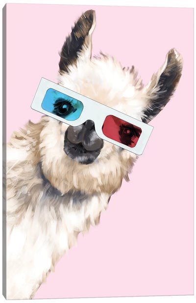 Sneaky Llama with 3D Glasses In Pink Canvas Art Print - Llama & Alpaca Art