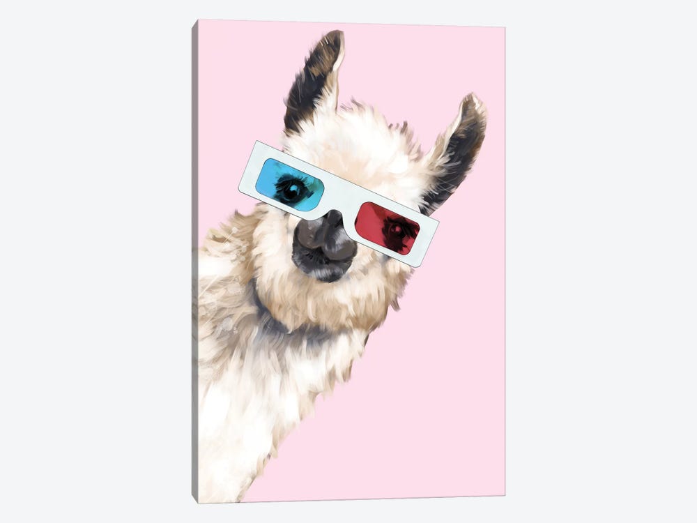Sneaky Llama with 3D Glasses In Pink by Big Nose Work 1-piece Canvas Art Print