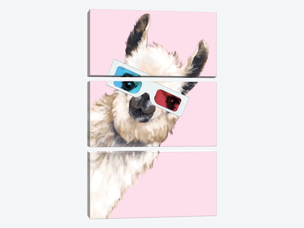 Sneaky Llama with 3D Glasses In Pink by Big Nose Work 3-piece Canvas Art Print
