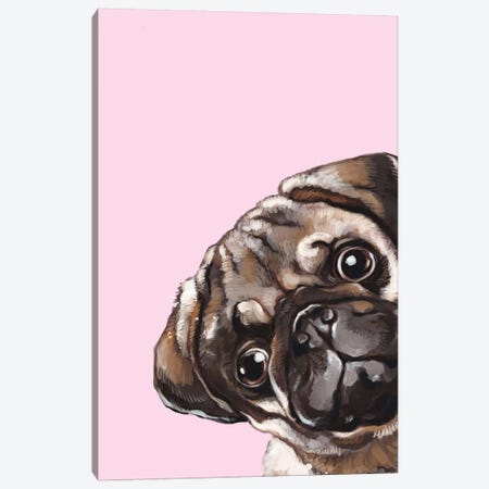 Sneaky Melancholic Pug In Pink Canvas Print #BNW81} by Big Nose Work Canvas Print