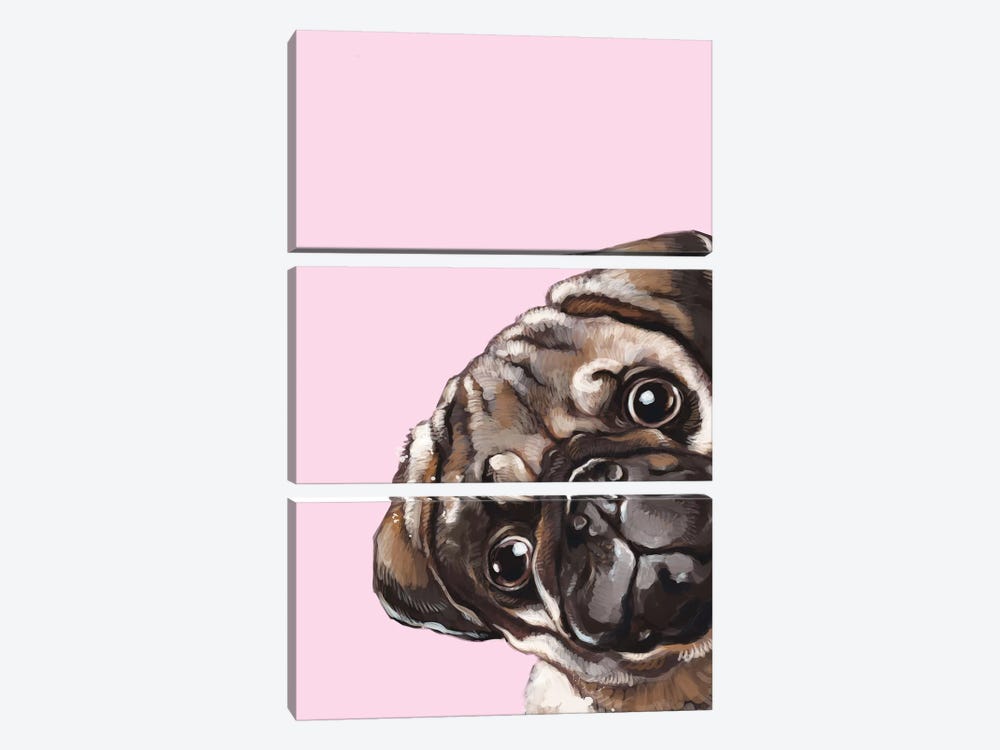 Sneaky Melancholic Pug In Pink by Big Nose Work 3-piece Canvas Wall Art